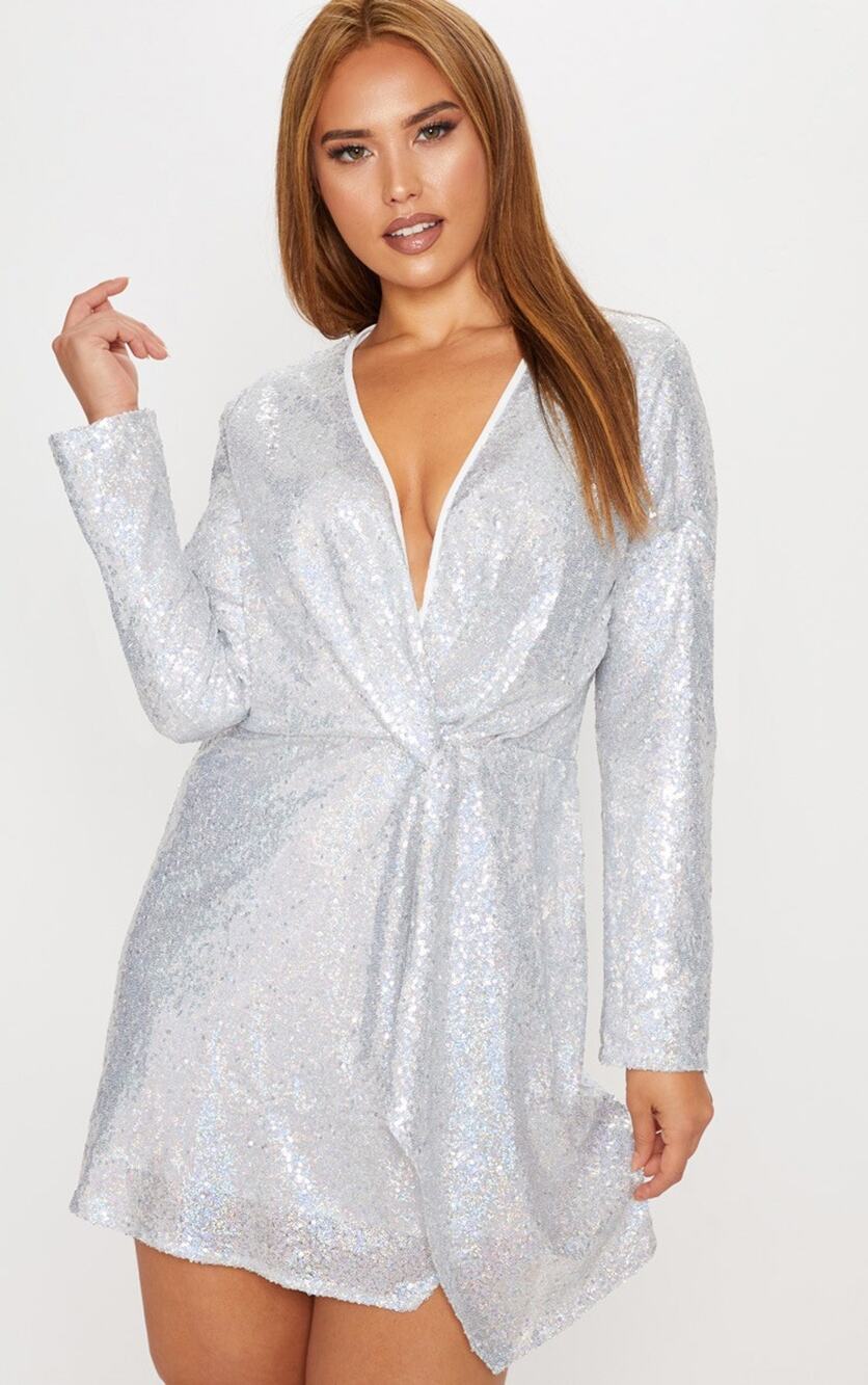 NWT PrettyLittleThing Women’s Silver Sequin Twist Front Party Mini Dress Size M